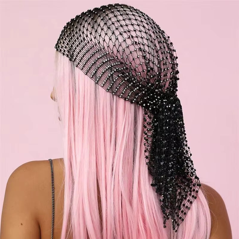 Women Hair Accessories Full Diamond Elastic Hair Band Fashion Personalized Mesh Headband Outdoor Carnival Party Rhinestone Durag