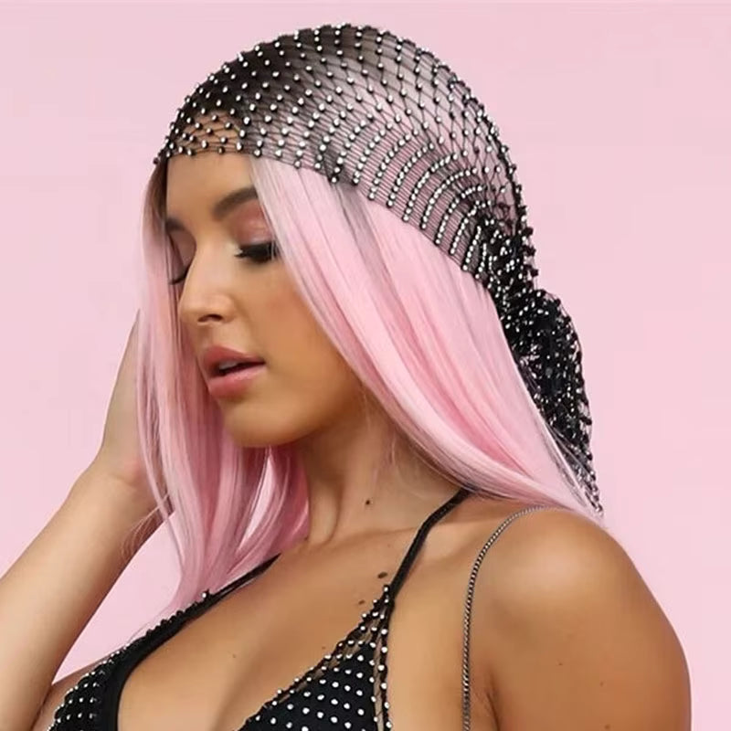 Women Hair Accessories Full Diamond Elastic Hair Band Fashion Personalized Mesh Headband Outdoor Carnival Party Rhinestone Durag